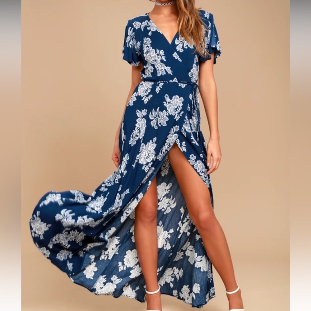 Heart of Marigold Navy Blue Floral Print Wrap Maxi Dress